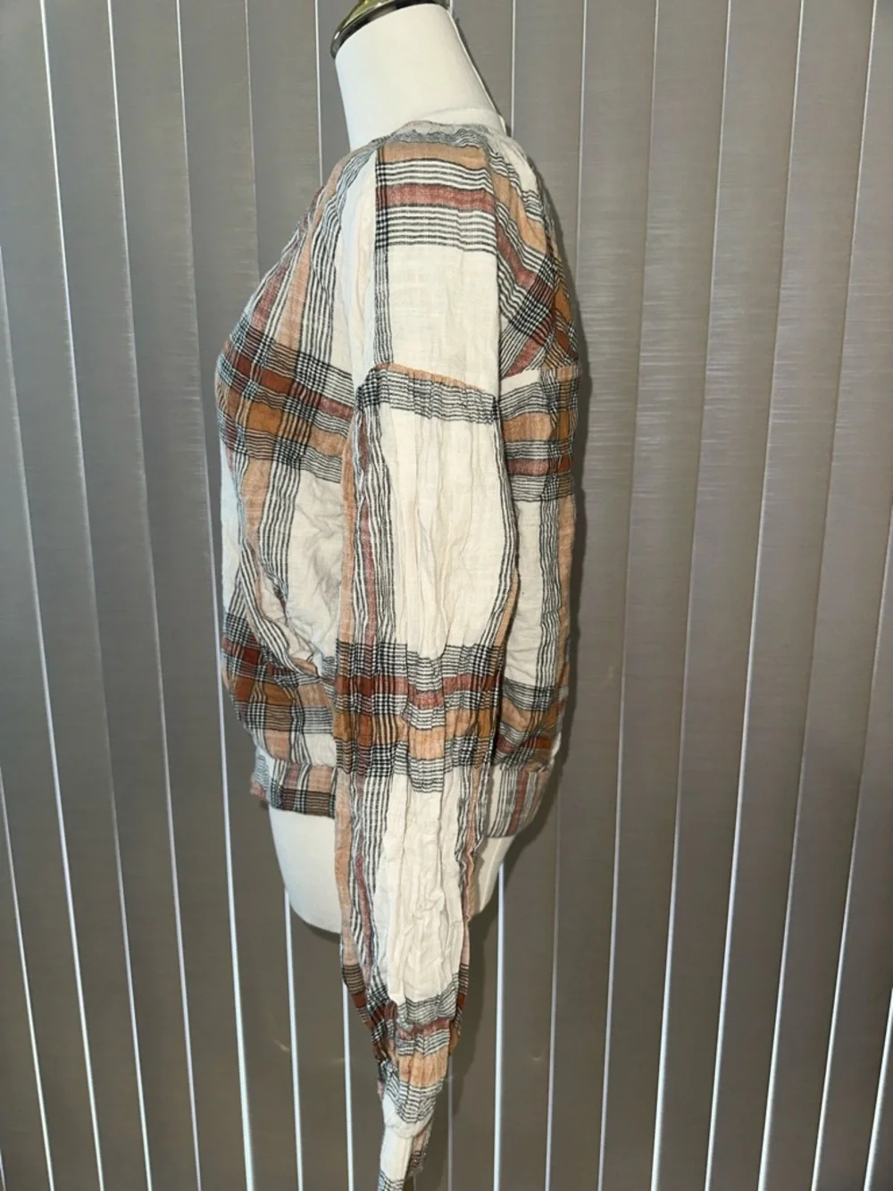 Free People Plaid Zip-Up Lightweight cotton Jacket in Cream, Brown, Black